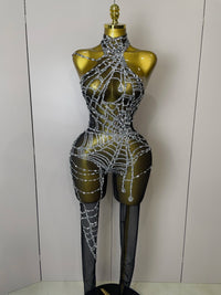 STOCK 2025Women Sparkly Diamond Sexy Mesh Jumpsuit Nightclub Bar Party Show Gogo Dancer Clothing Drag Queen Outfit Stage Costume