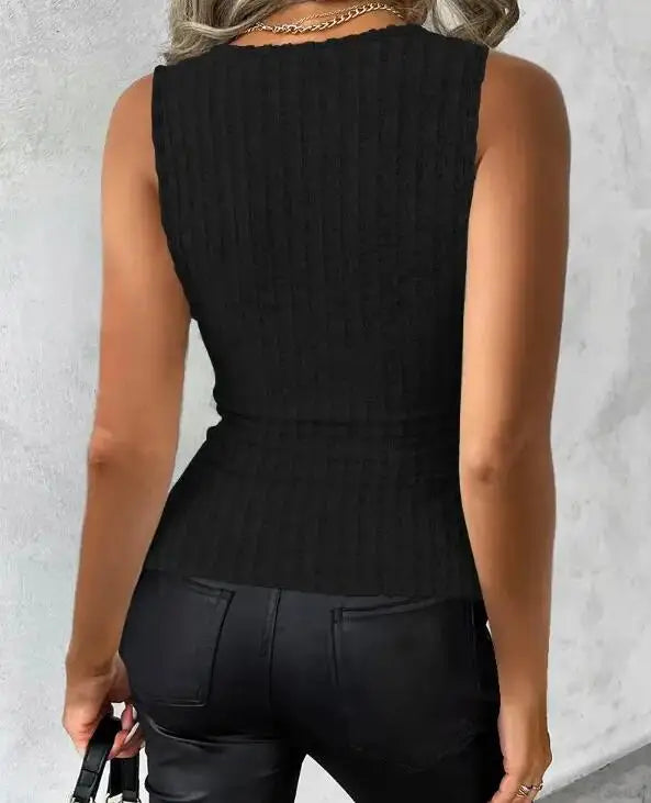 Women's Sexy Ribbed Knit Tank Top with Button Details - V-Neck  Sleeveless Stretch Fit  Machine Washable  Black Polyester