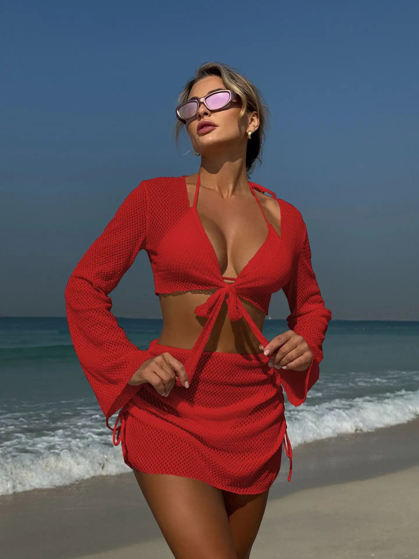 2025 new solid color summer new beach vacation style four-piece split swimsuit