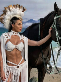 Leosoxs Hand Crochet Knitted Women Bikini Cover Ups Summer Holiday Tassel Beach Bathing Suit Sexy Hollow Out Skirts Matching Set