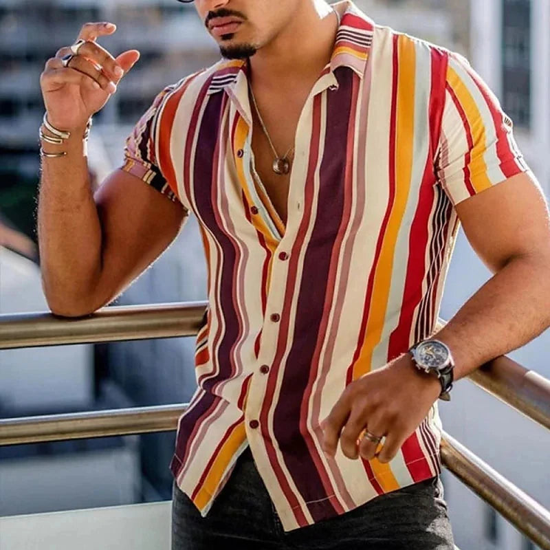 New Men's Shirts Fashion Stripes Print Short-sleeved Tees Summer Tops Men Turn-down Collar Button Casual T-shirt Clothing