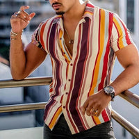 New Men's Shirts Fashion Stripes Print Short-sleeved Tees Summer Tops Men Turn-down Collar Button Casual T-shirt Clothing