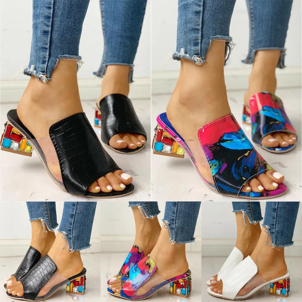 Rhinestones Sandals Women Square Heels Summer Sandals Peep Toe Ladies Multi Colors Wedge Shoes Sandalias De Verano Para Mujer