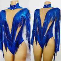 Flashing Blue Fringed Rhinestones Bodysuit Women Stretch Gogo Dancer Costume Bar Nightclub Dj Ds Party Rave Outfits XS7744