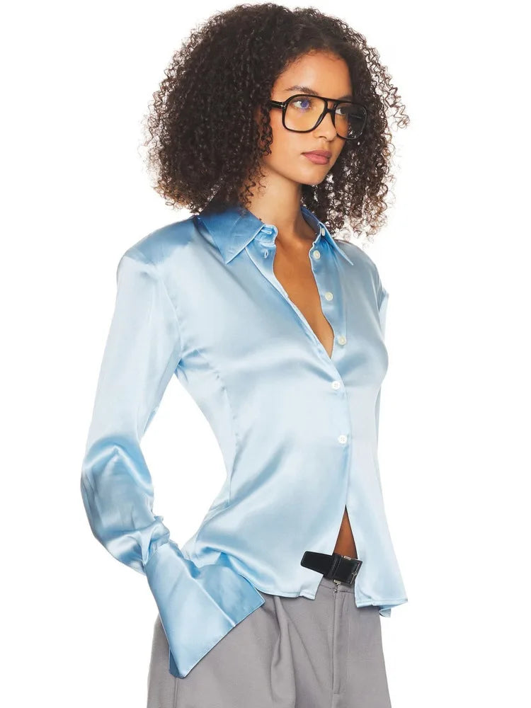 Blifanbo Causual Long Sleeve Stain Shirts Women Autumn Fashion Bottom Solid Loose Single Breasted Female Shirts Top Streetwear