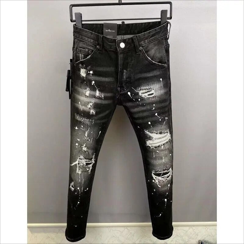 Fashion Men's Hole Spray Painted Letter Printing Jeans Casual Trendy High Street Denim Fabric Pants 9859#