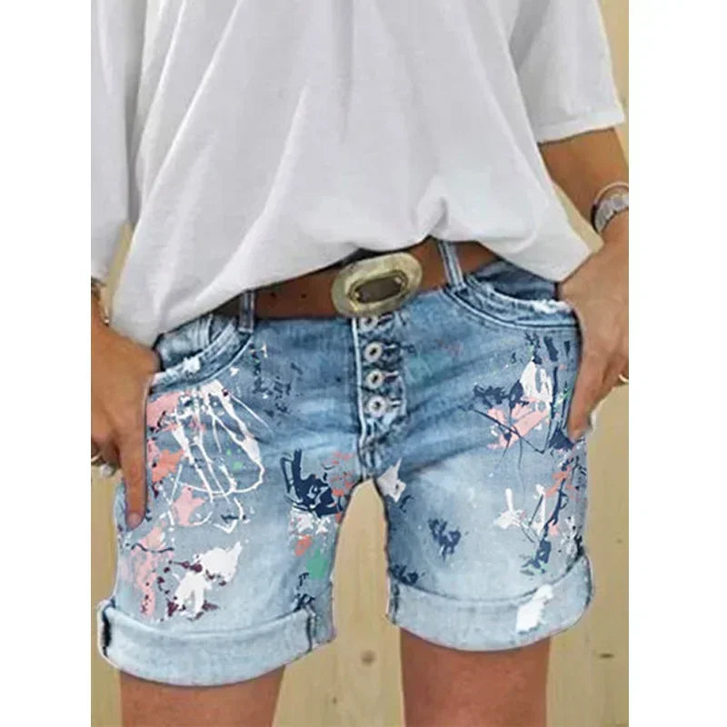 Women Denim Shorts Summer Elastic Single-breasted Print Casual Lady New Fashion Street Sweet Skinny Jeans Pants