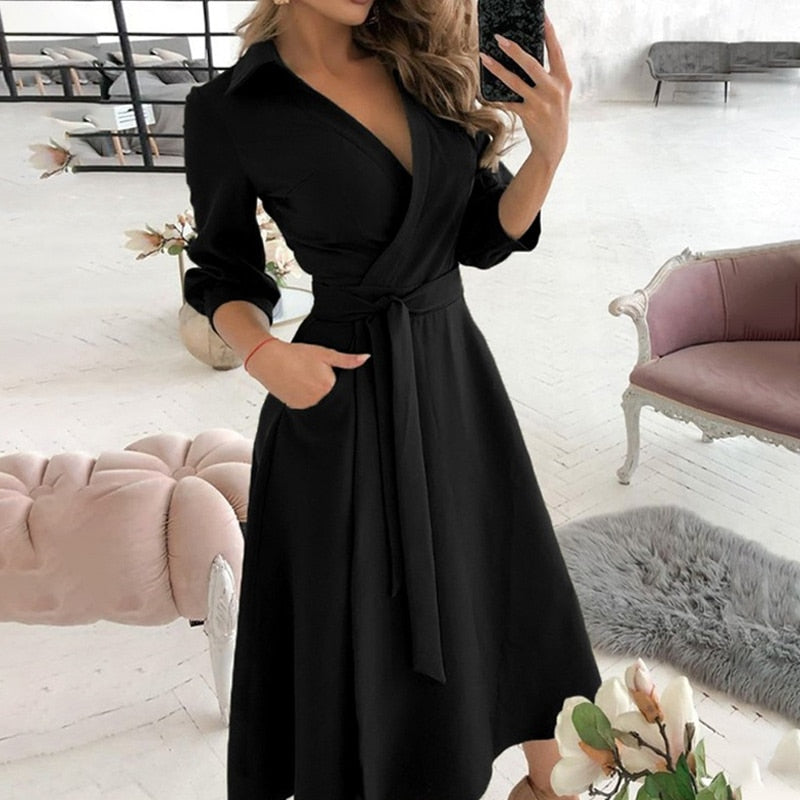 Sexy Women V-Neck Sexy Dresses Elegant Butterfly Print Long Sleeve Lace Up Wrap Midi Dress