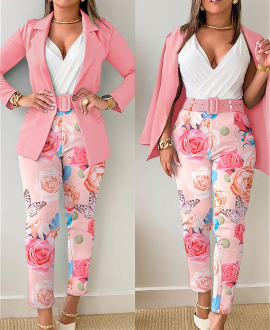 Two Piece Set Women Formal Office Suit with Belt Slim Elegant Pant Sets Autumn Long Sleeve Blazer Floral Print Women's Outfits