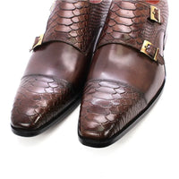 Men's Dress Shoes Size 39-46 Genuine Leather Double Buckle Monk Strap Snake Print Cap Toe Classic Italian Style