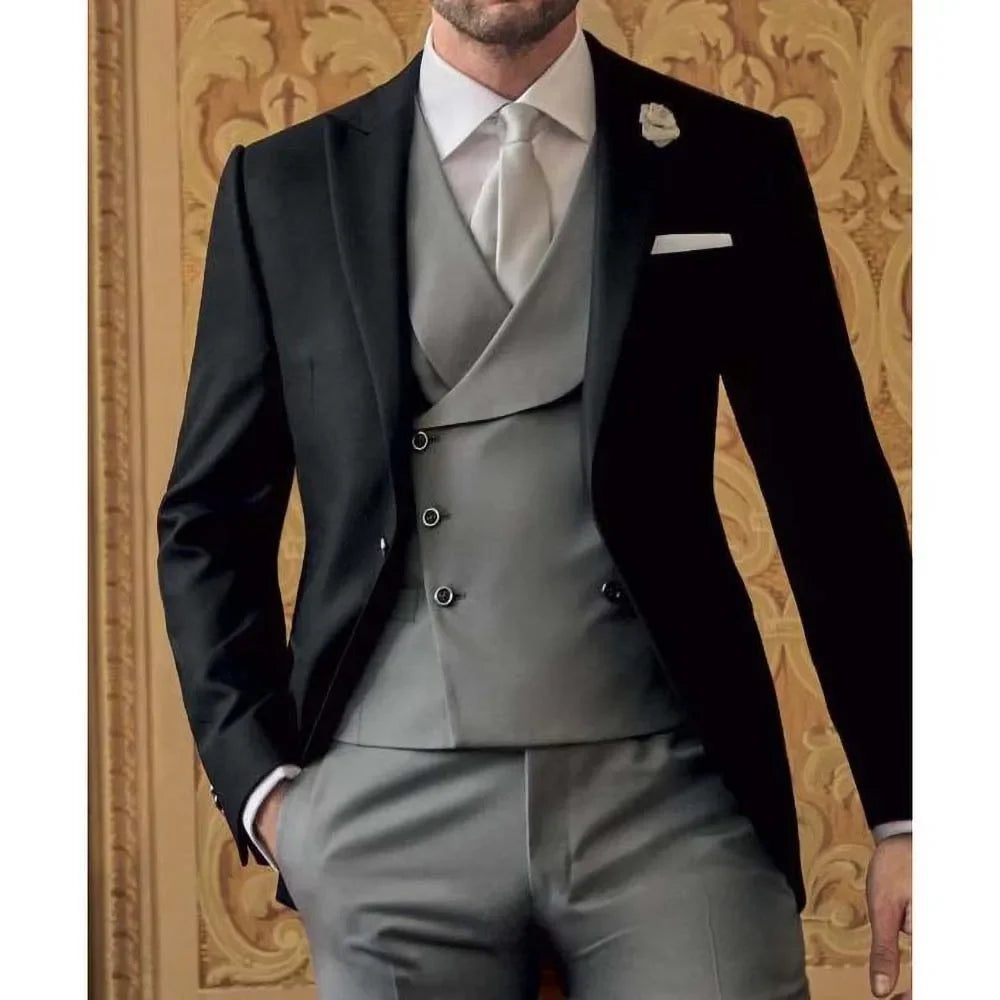 Fashion Peak Lapel Full Men's Suit Formal Business Causal Outfits Elegant Groom Wedding Tuxedo 3 Piece Set (Blazer+Vest+Pants)