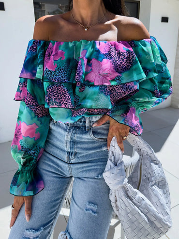 Women's Off Shoulder Floral Print Blouse with Tiered Ruffles and Long Bell Sleeves for Summer Party Wear