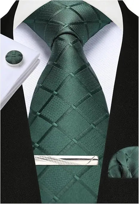 100% Silk Ties for Men Plaid & Checks Tie Clip Handkerchief Woven Classic Men's Necktie Pocket Square Set Formal Wedding Ties