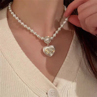 Female Small Fragrance Rhinestones Luxury Pearl Love Necklace Earrings Sweater Chain Clavicle Chain Choker Women Ear Studs