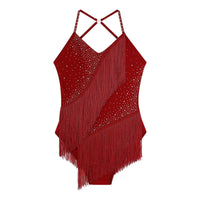 Women Latin Dance Leotard Sleeveless Halter Neck Rhinestones Adorned Backless Tassels Leotard for Performance Competition