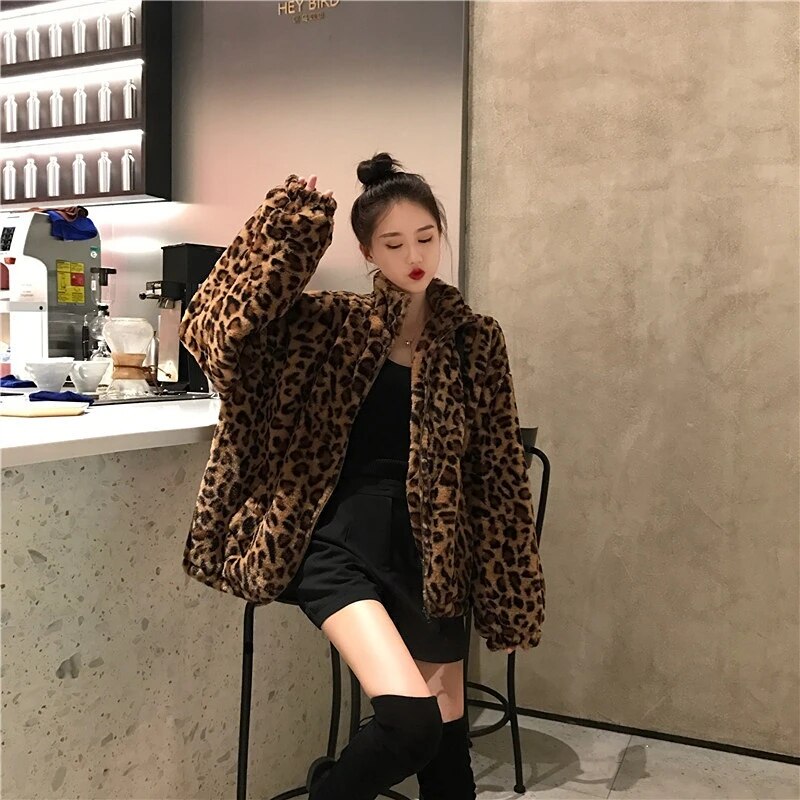 Women Vintage Leopard Stand Collar Zipper Outwear 2023 Winter Jacket Lady Loose oversized Fuzzy Coats Female Casual Streetwear