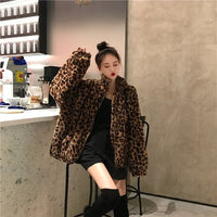 Women Vintage Leopard Stand Collar Zipper Outwear 2023 Winter Jacket Lady Loose oversized Fuzzy Coats Female Casual Streetwear