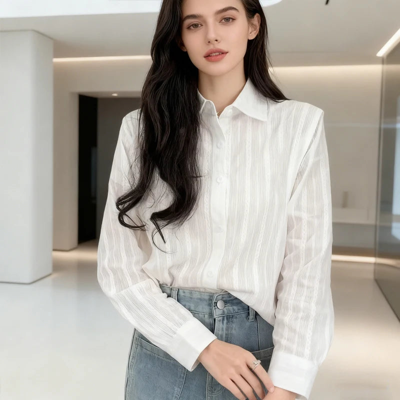 Spring New Elegant Long Sleeve White Shirt Casual Office Lady Blouse Summer Loose Thin Tops Classic Turndown Collar Clothing