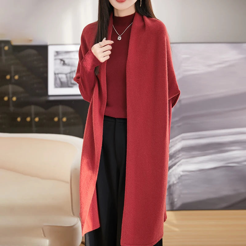 Spring Women's 100% Wool Knitted Shawl Soft Warm Knitwear Long Cardigan Female Cloak Wraps Shoulder Neck Protect Poncho Dual Use