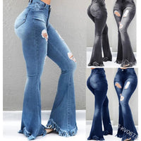 Full Length Denim Flare Capris Pants Pocket Holes Bell Bottom Trousers Boot Cut Ruffle Denim Pants Women Flare Jeans