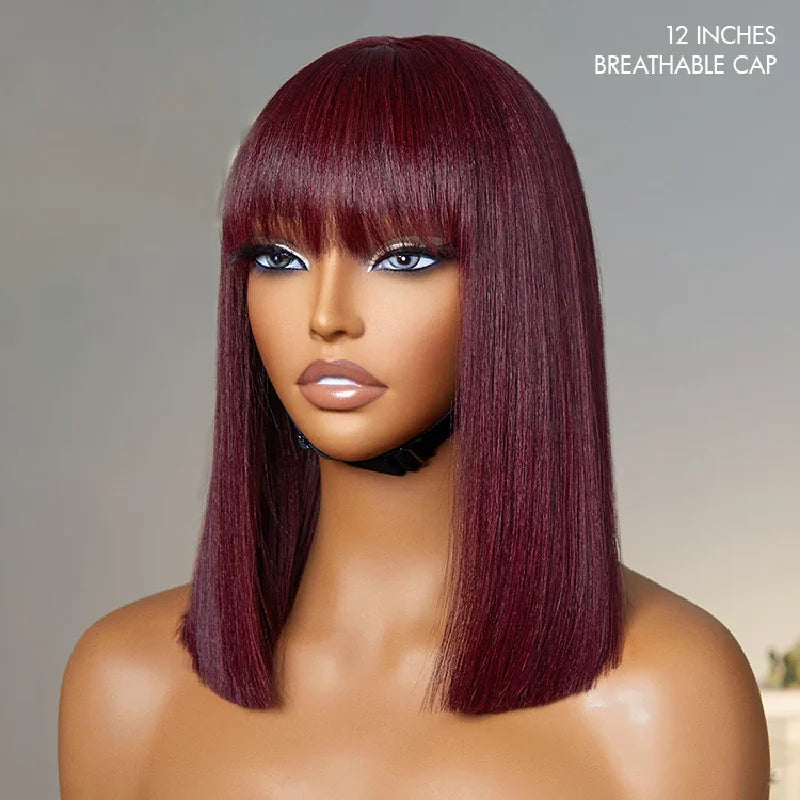 99J Short Straight Human Hair Wigs With Bangs Raw Vietnamese Red Colored Bob Glueless Wig Human Hair For Women On Sale Clearance