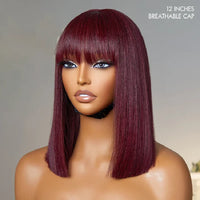 99J Short Straight Human Hair Wigs With Bangs Raw Vietnamese Red Colored Bob Glueless Wig Human Hair For Women On Sale Clearance