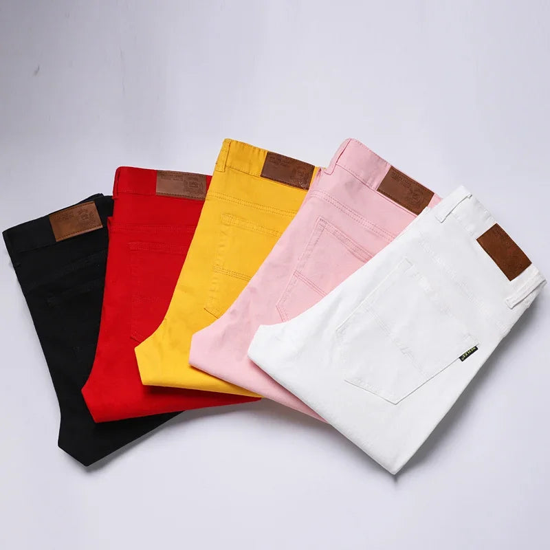 New High Quality Men's Trend Yellow Red White Jeans 2024 Spring Autumn Male High Waist Casual Pants Classic Brand Denim Trousers