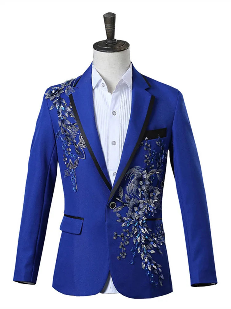 Men White Appliqued Blazer Masculino Chinese Red Costume Homme Pour Mariage Stage Wear