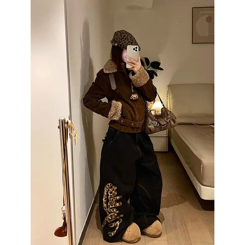 ZHIZOU Women's Baggy Black Jeans Y2k American Retro Designer Leopard Denim Pants Grunge Harajuku Hip-pop Wide Fit Cowboy Pants