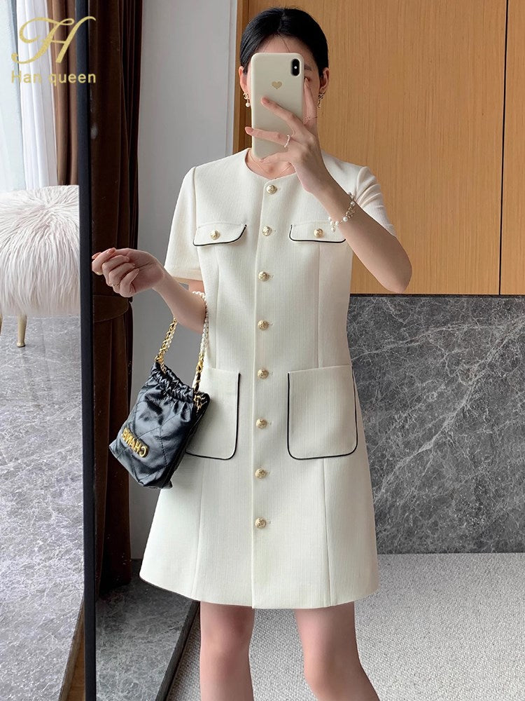 H Han Queen Summer Simple Series Patchwork Pocket A-Line Dress Elegant Fashion Single-Breasted Women Vestido Casual Party Dresse