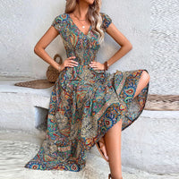 Women Vintage Print Maxi Dresses Summer Casual V Neck Short Sleeve Elastic Waist Dress Female Boho Beach Big Swing Long Dresses