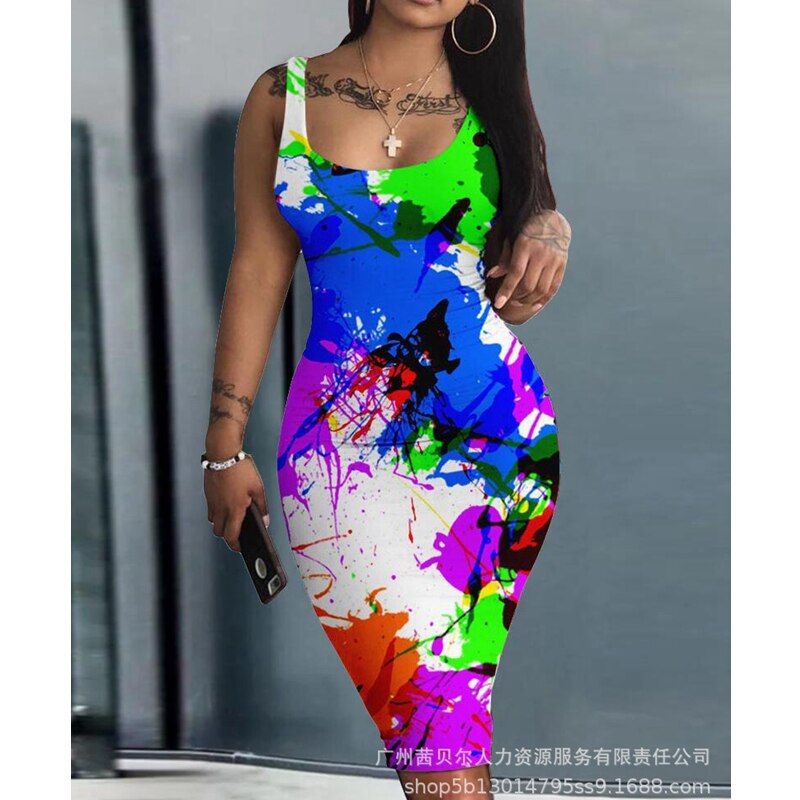 Women's Dress Summer Sexy Digital Printing Slim Dress Women's Fashion Sleeveless Round-Neck High Waist Dress