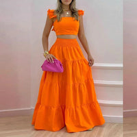 Spring Summer New Comfortable and Versatile Simple Mid Waist Sexy Strap Skirt Solid Color Fashion Set Women's Two Piece Set