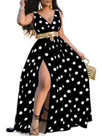 Wmstar Plus Size Dress Women Wholesale Deep V Neck Dot Print Long Dress with A Sexy Slit and A Big Swing,paired with A Belt
