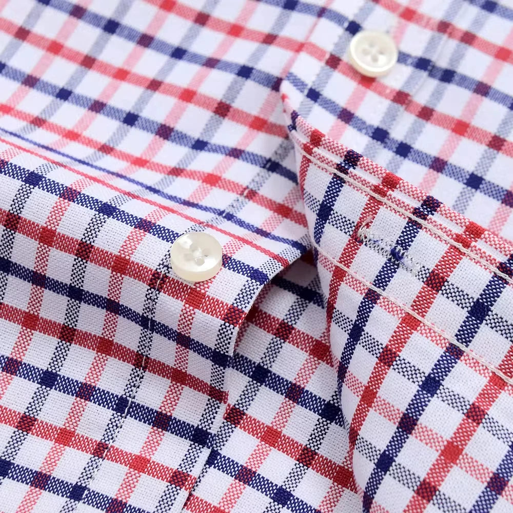 Men's Versatile Casual Checkered Oxford Cotton Shirts Single Pocket Long Sleeve Standard-fit Button Down Gingham Striped 7XL 6XL