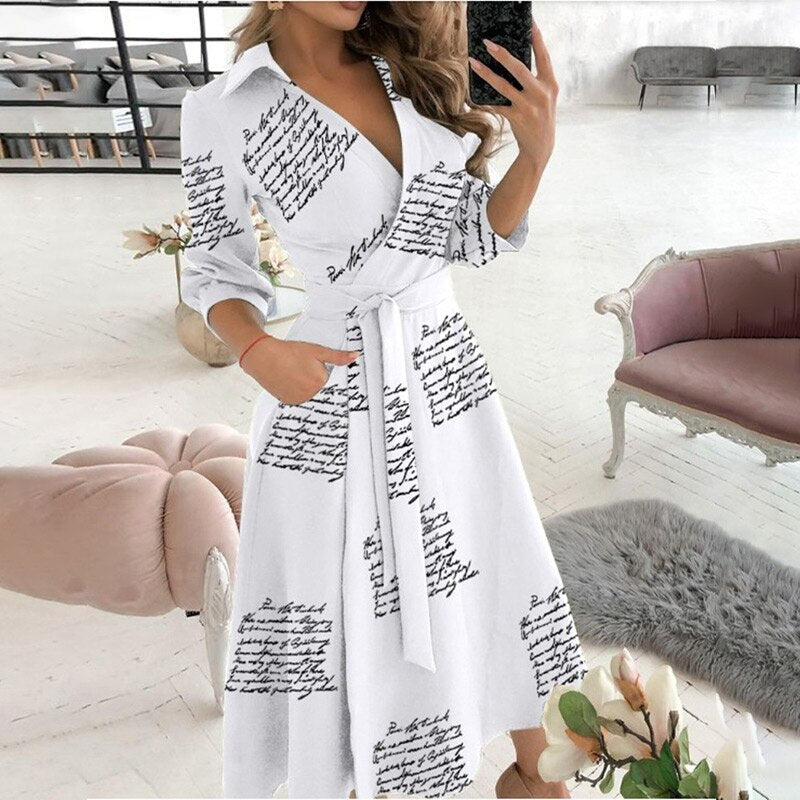 Sexy Women V-Neck Sexy Dresses Elegant Butterfly Print Long Sleeve Lace Up Wrap Midi Dress