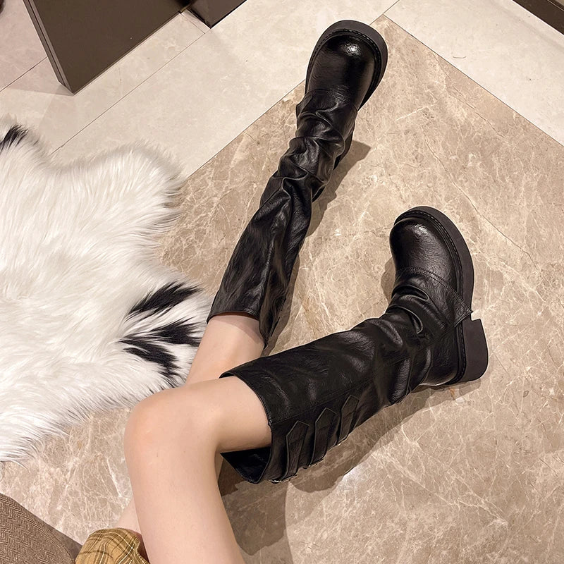 High Boots Autumn New Round Toe Sleeve Anti-Slip Wear-Resistant Metal Buckle Platform Anti-Slip Single Boots