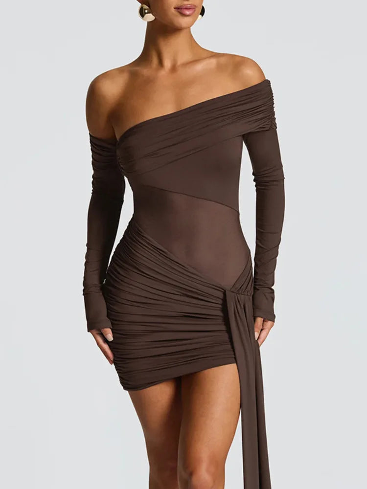 Mozision Off-shoulder Long Sleeve Sexy Mini Dress Women Fashion See Through Strapless Backless Draped Ruched Club Party Dresses