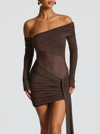 Mozision Off-shoulder Long Sleeve Sexy Mini Dress Women Fashion See Through Strapless Backless Draped Ruched Club Party Dresses