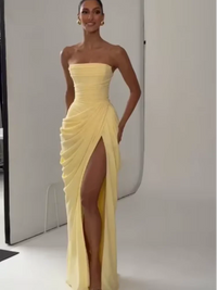 Elegant Yellow Strapless Pleated Long Dress Women Chic Solid Sleeveless Waist Cinching Split Gown 2026 Lady Evening Party Robe