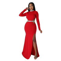 Female Autumn Winter Long Maxi Dress Cutout Waist High Side Split Long Sleeve Dresses Vestidos Sexy Elegant Party Clubwear