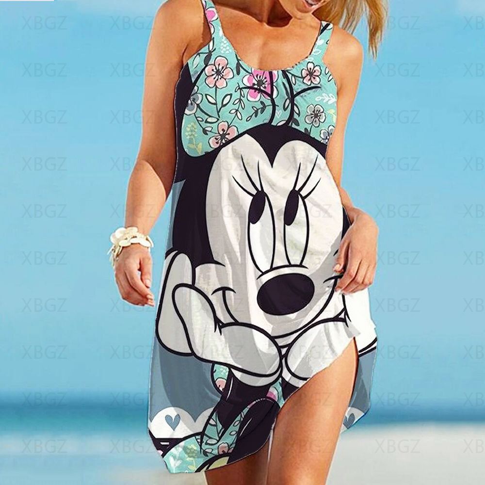 Elegant Dresses for Women Sexy 2022 Minnie Mouse Women&#39;s Dress Sling Summer Woman Beach Boho Disney Loose Print Mickey Fashion