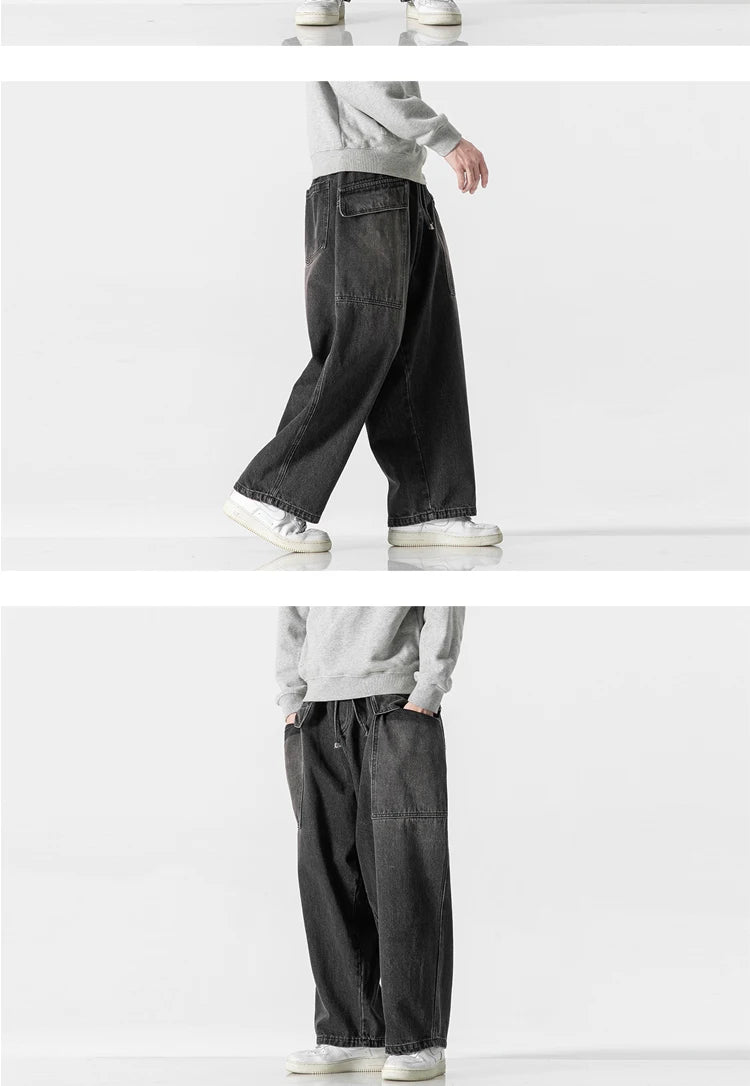 2023 Men Straight Denim Pants Men Blue Jeans Loose Trousers Male Causal Oversize Wide Leg Pants Elastic Waist Black Jeans
