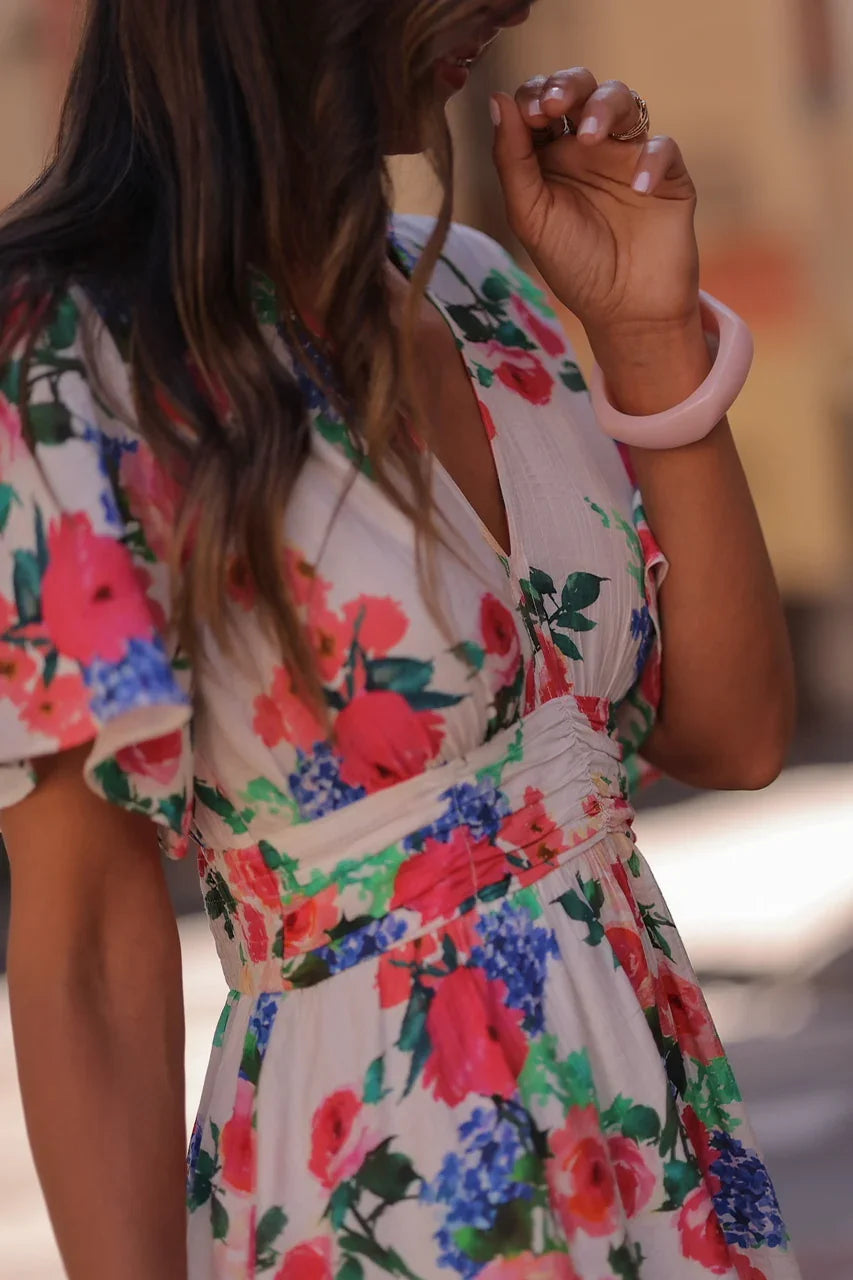 Euro-American Style Ivory Floral Print Deep V Flounce Sleeve Elastic Waist A-Line Summer Daily Date Vacation Mini Dress