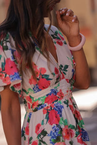 Euro-American Style Ivory Floral Print Deep V Flounce Sleeve Elastic Waist A-Line Summer Daily Date Vacation Mini Dress
