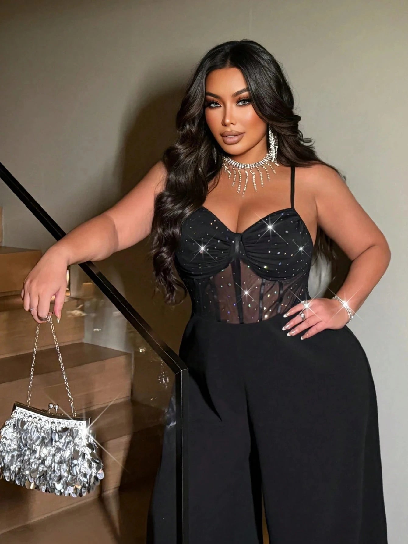 Large size women's sexy party suspender with shiny and shiny elastic mesh wide leg jumpsuit and fashionable jumpsuit