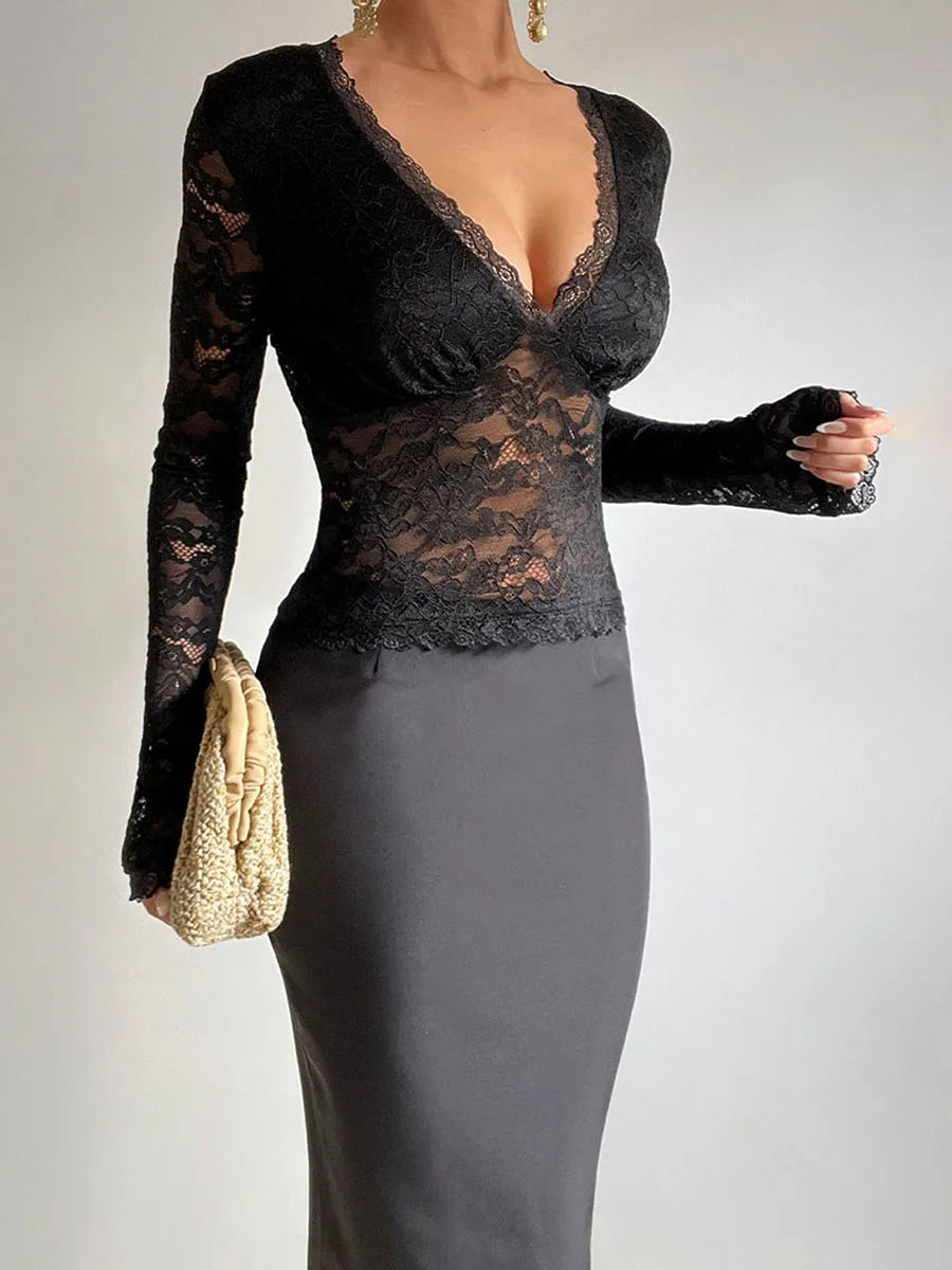 Women's Deep V Lace Long Sleeve Top - Black T-Shirt  Long Sleeve V Neck Sheer Lace Top Slim Fit Transparent T-Shirt Club Outfit