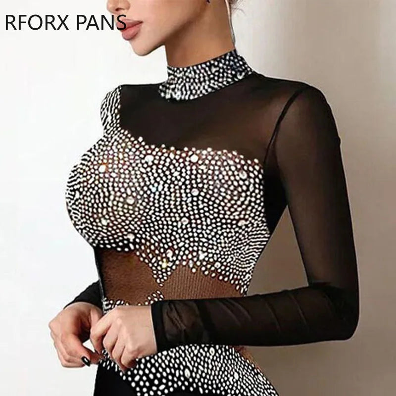 Women Elegant Rhinestone Decor Sheer Mesh Bodycon Dress