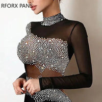 Women Elegant Rhinestone Decor Sheer Mesh Bodycon Dress