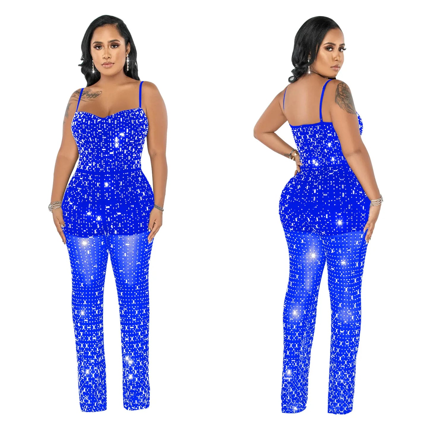 Sexy Rhinestone Mesh Jumpsuit Sleeveless See Through One Piece Outfits For Women Night Club Wear Rompers Party Bodycon Jumpsuits